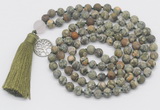 GMN2031 Knotted 8mm, 10mm matte rhyolite 108 beads mala necklace with tassel & charm