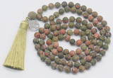 GMN2032 Knotted 8mm, 10mm matte unakite 108 beads mala necklace with tassel & charm