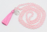 GMN2035 Knotted 8mm, 10mm matte rose quartz 108 beads mala necklace with tassel & charm