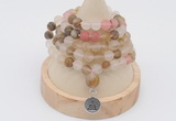 GMN2206 Hand-knotted 8mm, 10mm matte volcano cherry quartz 108 beads mala necklace with charm