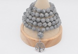 GMN2212 Hand-knotted 8mm, 10mm matte grey picture jasper 108 beads mala necklace with charm