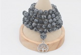 GMN2216 Hand-knotted 8mm, 10mm matte snowflake obsidian 108 beads mala necklace with charm