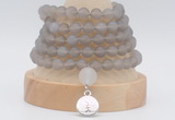 GMN2231 Hand-knotted 8mm, 10mm matte grey agate 108 beads mala necklaces with charm