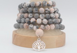 GMN2232 Hand-knotted 8mm, 10mm matte pink zebra jasper 108 beads mala necklaces with charm