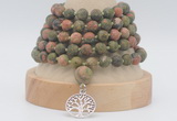 GMN2234 Hand-knotted 8mm, 10mm matte unakite 108 beads mala necklaces with charm