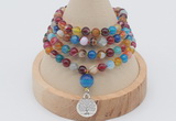 GMN2400 Hand-knotted 6mm colorful banded agate 108 beads mala necklace with charm