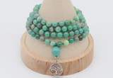 GMN2403 Hand-knotted 6mm grass agate 108 beads mala necklace with charm