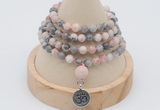 GMN2410 Hand-knotted 6mm pink zebra jasper 108 beads mala necklace with charm