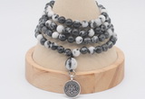 GMN2411 Hand-knotted 6mm black & white jasper 108 beads mala necklace with charm