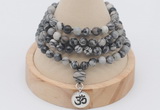 GMN2412 Hand-knotted 6mm black water jasper 108 beads mala necklace with charm