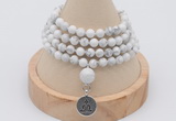 GMN2418 Hand-knotted 6mm white howlite 108 beads mala necklace with charm