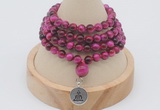 GMN2425 Hand-knotted 6mm red tiger eye 108 beads mala necklace with charm