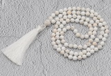 GMN243 Hand-knotted 6mm white howlite 108 beads mala necklaces with tassel