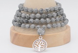 GMN2450 Hand-knotted 6mm grey picture jasper 108 beads mala necklaces with charm