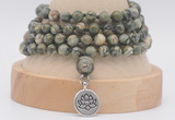 GMN2472 Hand-knotted 6mm rhyolite 108 beads mala necklaces with charm