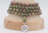 GMN2473 Hand-knotted 6mm unakite 108 beads mala necklaces with charm