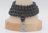 GMN2477 Hand-knotted 6mm black lava 108 beads mala necklaces with charm