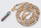 GMN2602 Hand-knotted 8mm, 10mm matte yellow crazy agate 108 beads mala necklace with pendant