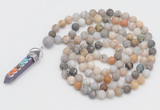 GMN2603 Hand-knotted 8mm, 10mm matte bamboo leaf agate 108 beads mala necklace with pendant