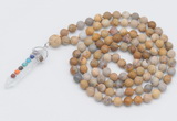 GMN2604 Hand-knotted 8mm, 10mm matte fossil coral 108 beads mala necklace with pendant