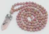 GMN2606 Hand-knotted 8mm, 10mm matte pink wooden jasper 108 beads mala necklace with pendant