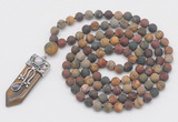 GMN2608 Hand-knotted 8mm, 10mm matte picasso jasper 108 beads mala necklace with pendant