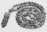 GMN2610 Hand-knotted 8mm, 10mm matte black water jasper 108 beads mala necklace with pendant