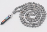 GMN2611 Hand-knotted 8mm, 10mm matte grey picture jasper 108 beads mala necklace with pendant