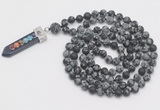 GMN2614 Hand-knotted 8mm, 10mm matte snowflake obsidian 108 beads mala necklace with pendant