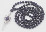 GMN2616 Hand-knotted 8mm, 10mm matte amethyst 108 beads mala necklace with pendant