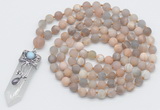 GMN2623 Hand-knotted 8mm, 10mm matte sunstone 108 beads mala necklace with pendant