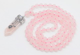 GMN2625 Knotted 8mm, 10mm matte rose quartz 108 beads mala necklace with pendant