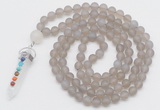 GMN2627 Knotted 8mm, 10mm matte grey agate 108 beads mala necklace with pendant