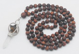 GMN2631 Knotted 8mm, 10mm matte red tiger eye 108 beads mala necklace with pendant