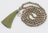 GMN303 Hand-knotted 6mm unakite 108 beads mala necklaces with tassel & charm