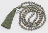 GMN304 Hand-knotted 6mm rhyolite 108 beads mala necklaces with tassel & charm