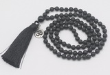 GMN308 Hand-knotted 6mm black lava 108 beads mala necklaces with tassel & charm