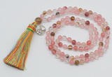 GMN311 Hand-knotted 6mm volcano cherry quartz 108 beads mala necklaces with tassel & charm