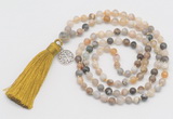 GMN322 Hand-knotted 6mm bamboo jeaf agate 108 beads mala necklaces with tassel & charm