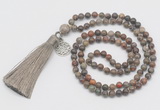 GMN324 Hand-knotted 6mm ocean agate 108 beads mala necklaces with tassel & charm