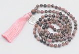 GMN325 Hand-knotted 6mm rhodonite 108 beads mala necklaces with tassel & charm