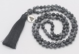 GMN328 Hand-knotted 6mm snowflake obsidian 108 beads mala necklaces with tassel & charm