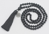 GMN329 Hand-knotted 6mm black onyx 108 beads mala necklaces with tassel & charm