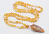 GMN4005 Hand-knotted 8mm, 10mm yellow banded agate 108 beads mala necklace with pendant