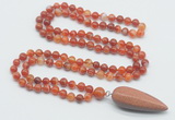 GMN4007 Hand-knotted 8mm, 10mm red banded agate 108 beads mala necklace with pendant