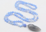 GMN4008 Hand-knotted 8mm, 10mm blue banded agate 108 beads mala necklace with pendant