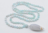 GMN4009 Hand-knotted 8mm, 10mm sea blue banded agate 108 beads mala necklace with pendant