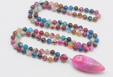 GMN4011 Hand-knotted 8mm, 10mm colorful banded agate 108 beads mala necklace with pendant