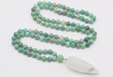 GMN4014 Hand-knotted 8mm, 10mm grass agate 108 beads mala necklace with pendant