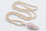 GMN4020 Hand-knotted 8mm, 10mm white fossil jasper 108 beads mala necklace with pendant